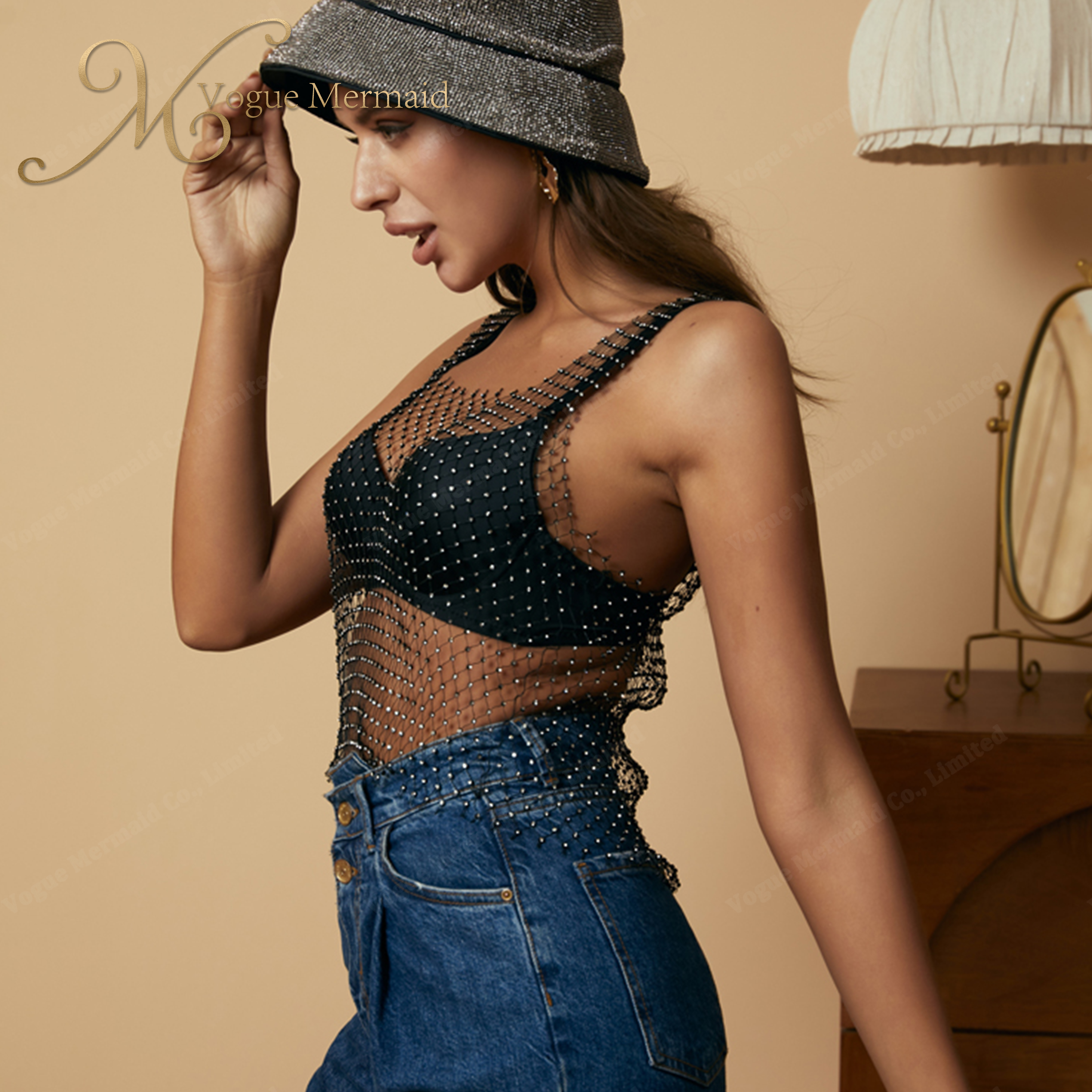 shoulder straps crystal mesh top