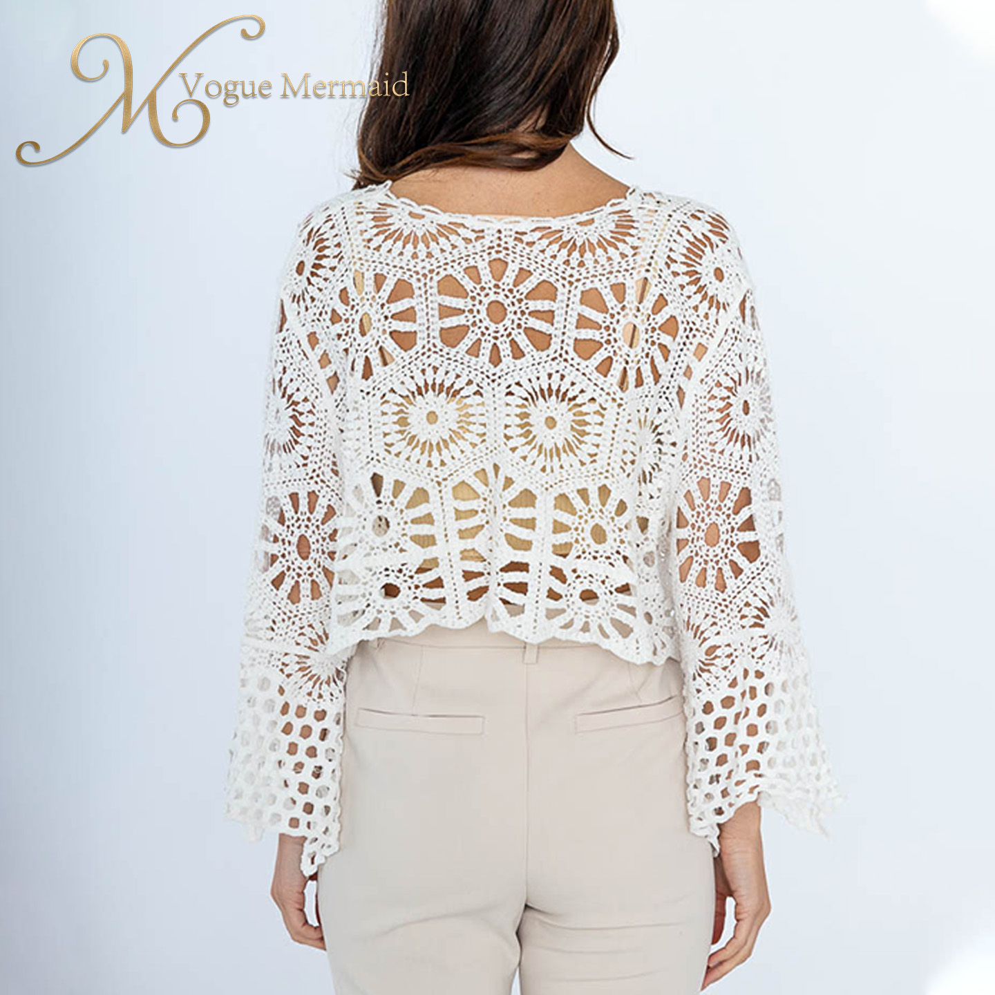 white crochet long sleeve crop top