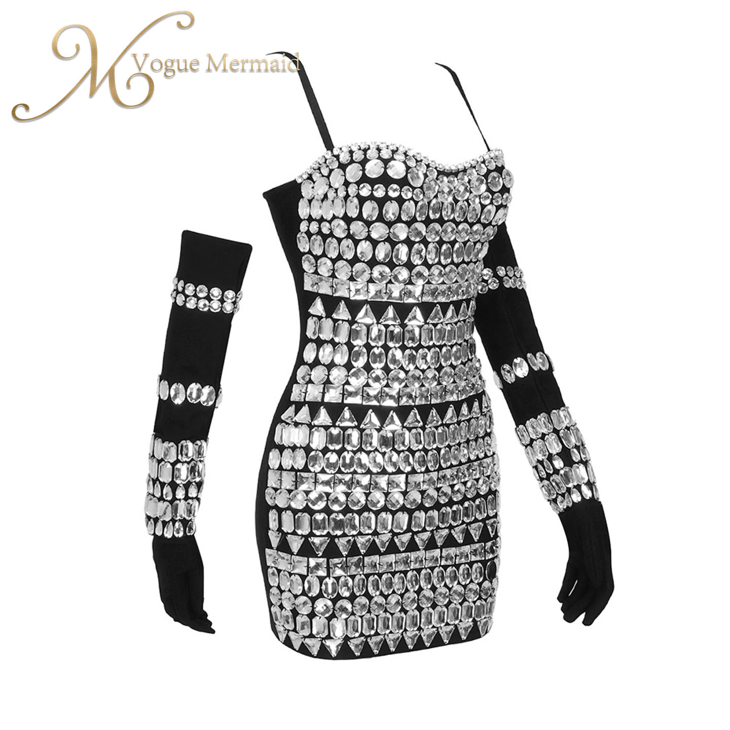 stylish sleeves black diamond dress