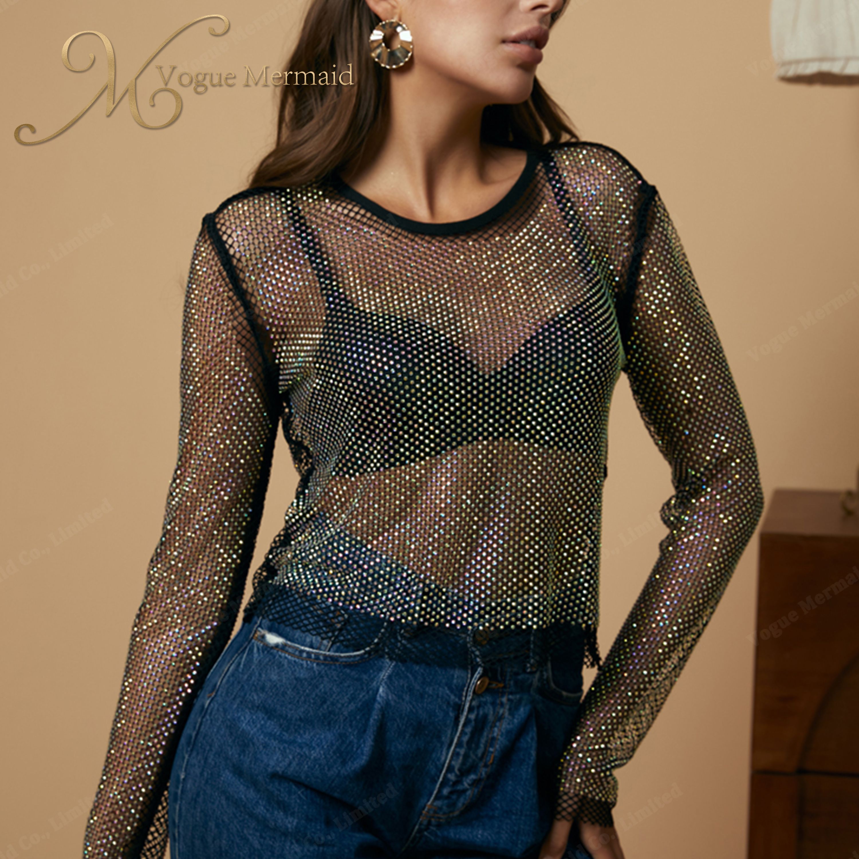 See Through Fishnet Rhinestone Long Sleeve Top