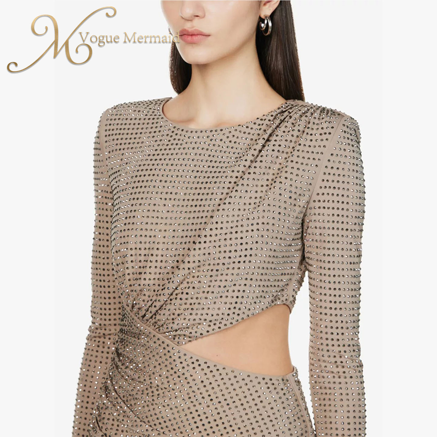 high quality long sleeve rhinestone dress