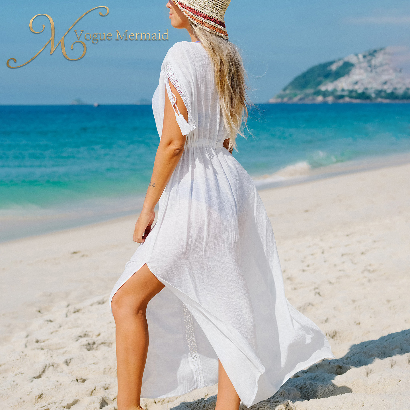 v-neck white beach dress