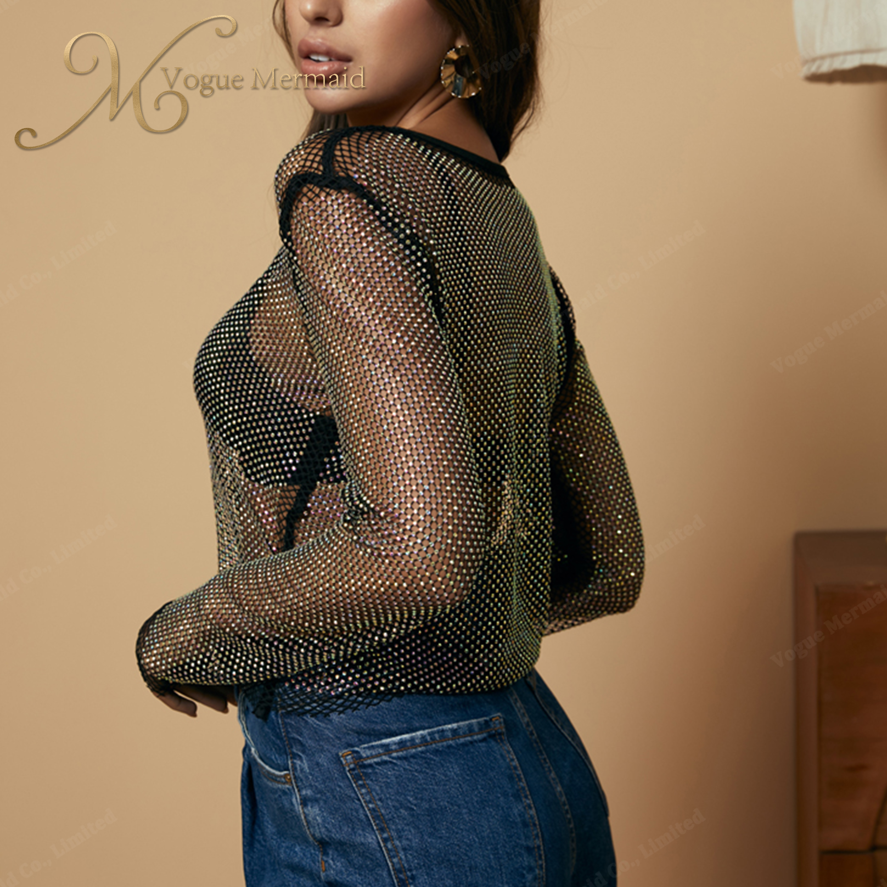 sexy rhinestone long sleeve top