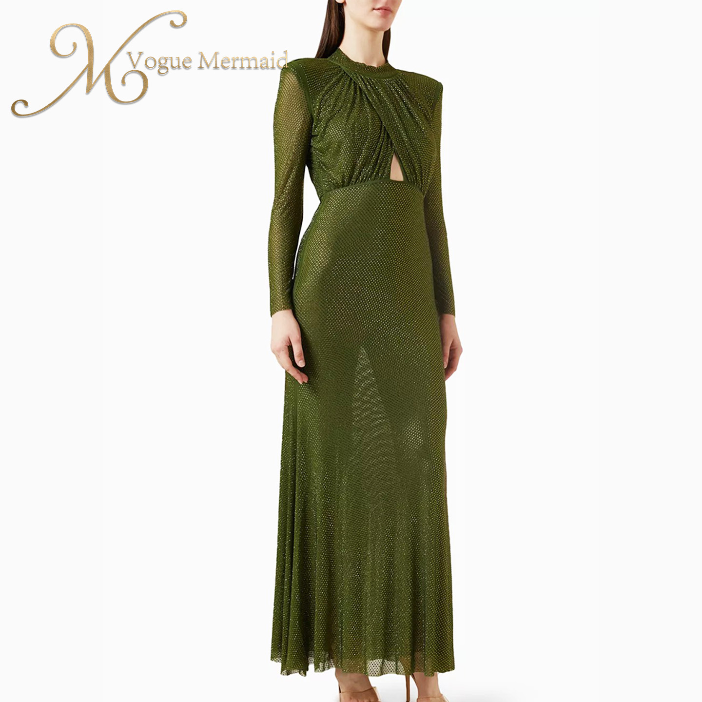 long sleeve green rhinestone dress