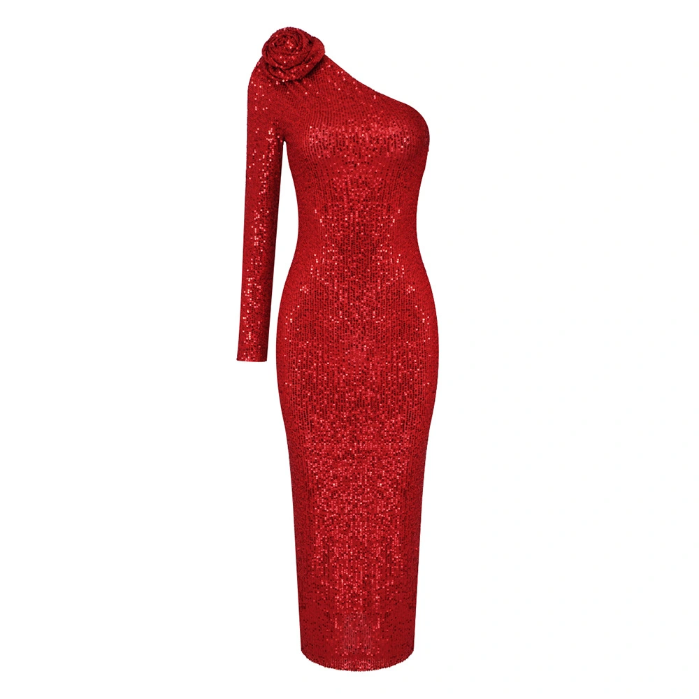 one-shoulder red sequin prom dress