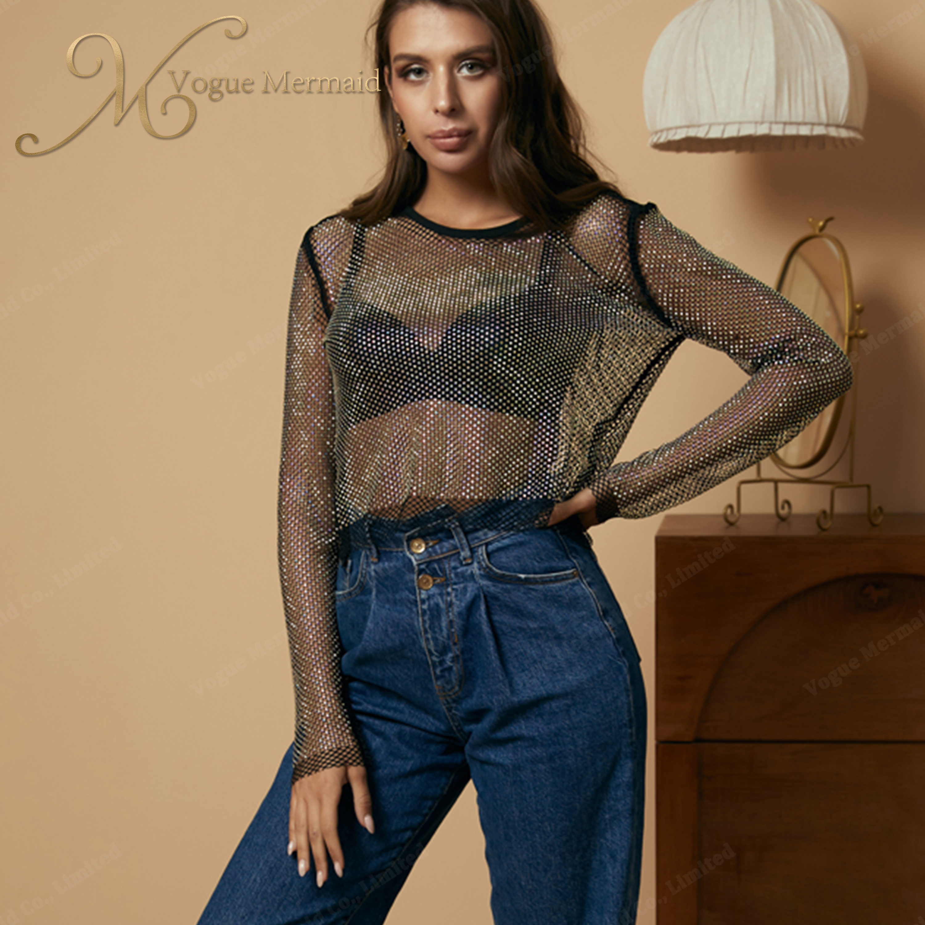 women rhinestone long sleeve top