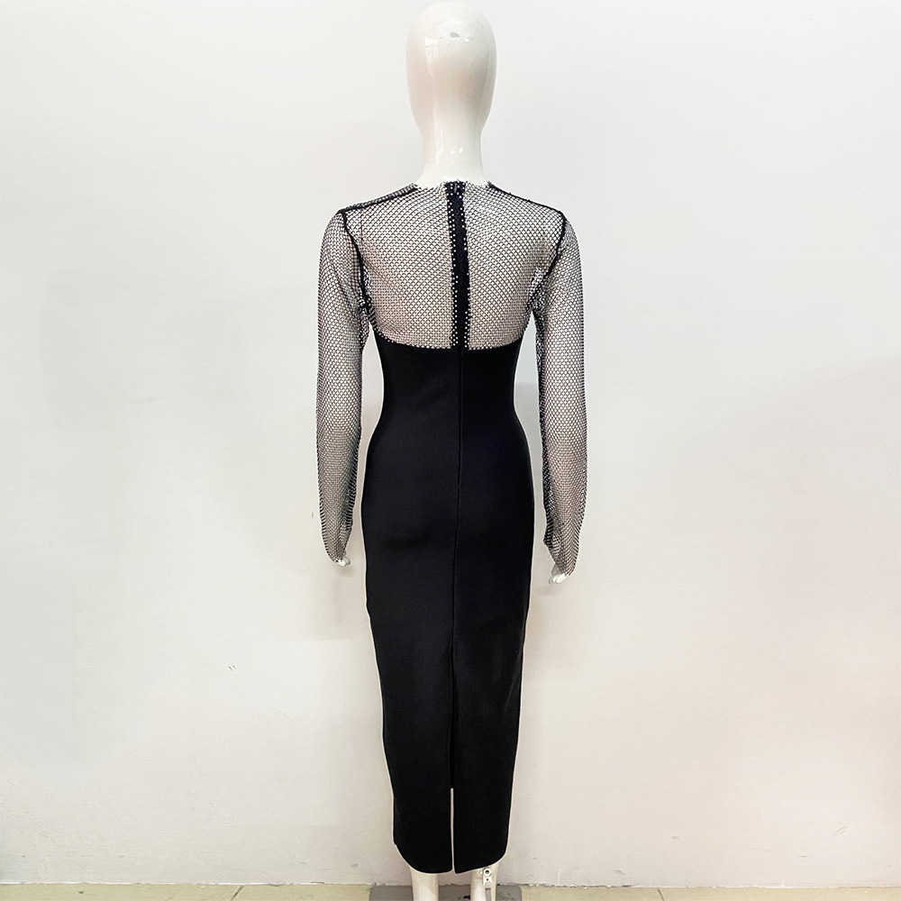 see through black rhinestone dress