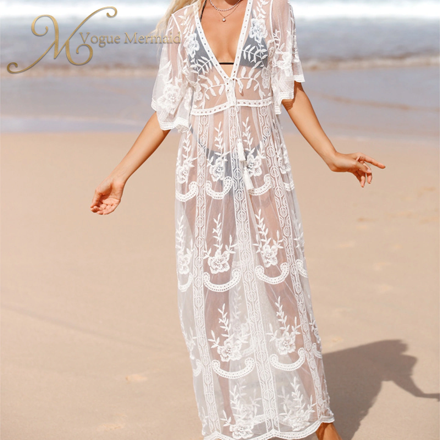 short sleeve white lace beach dress
