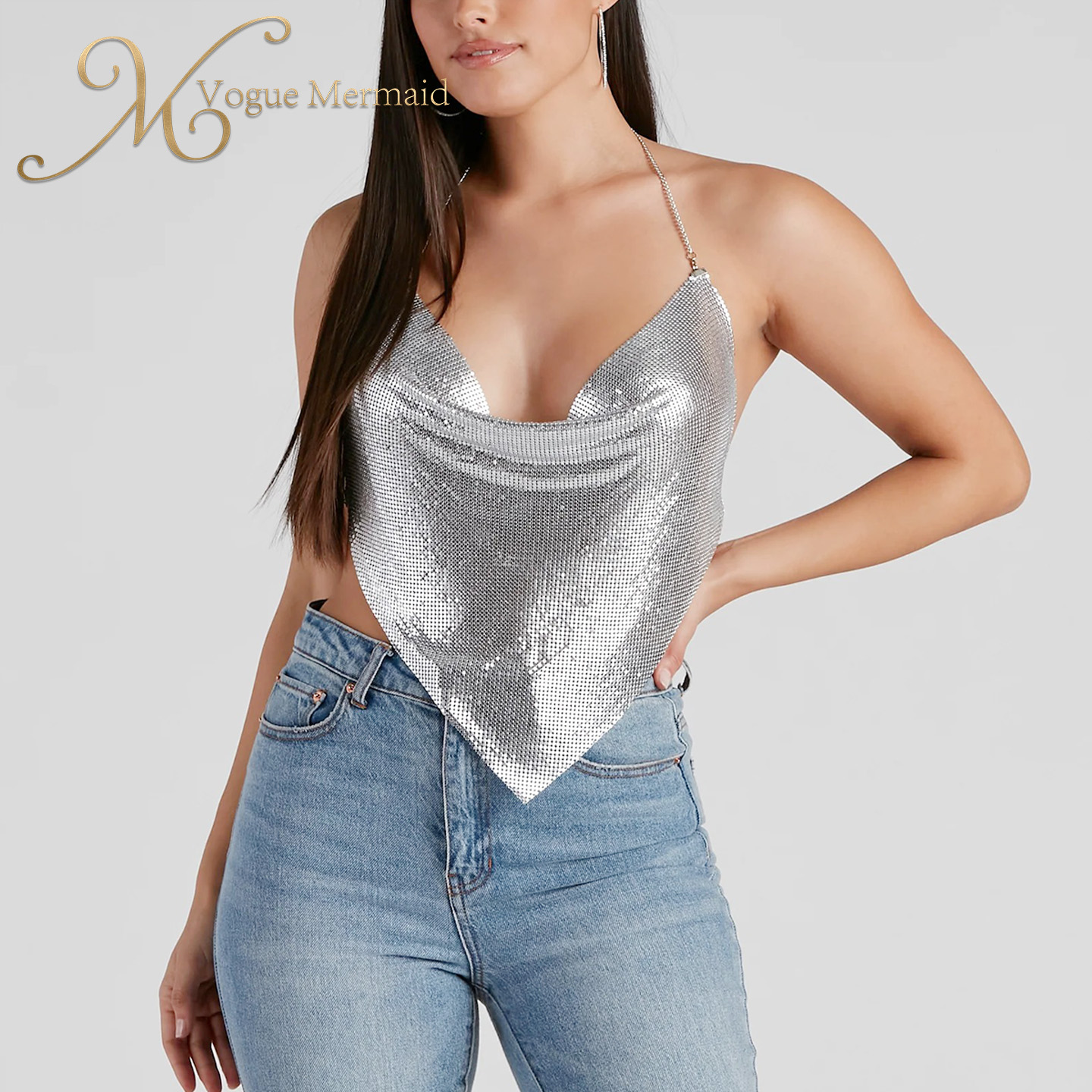 sleeveless metallic silver top