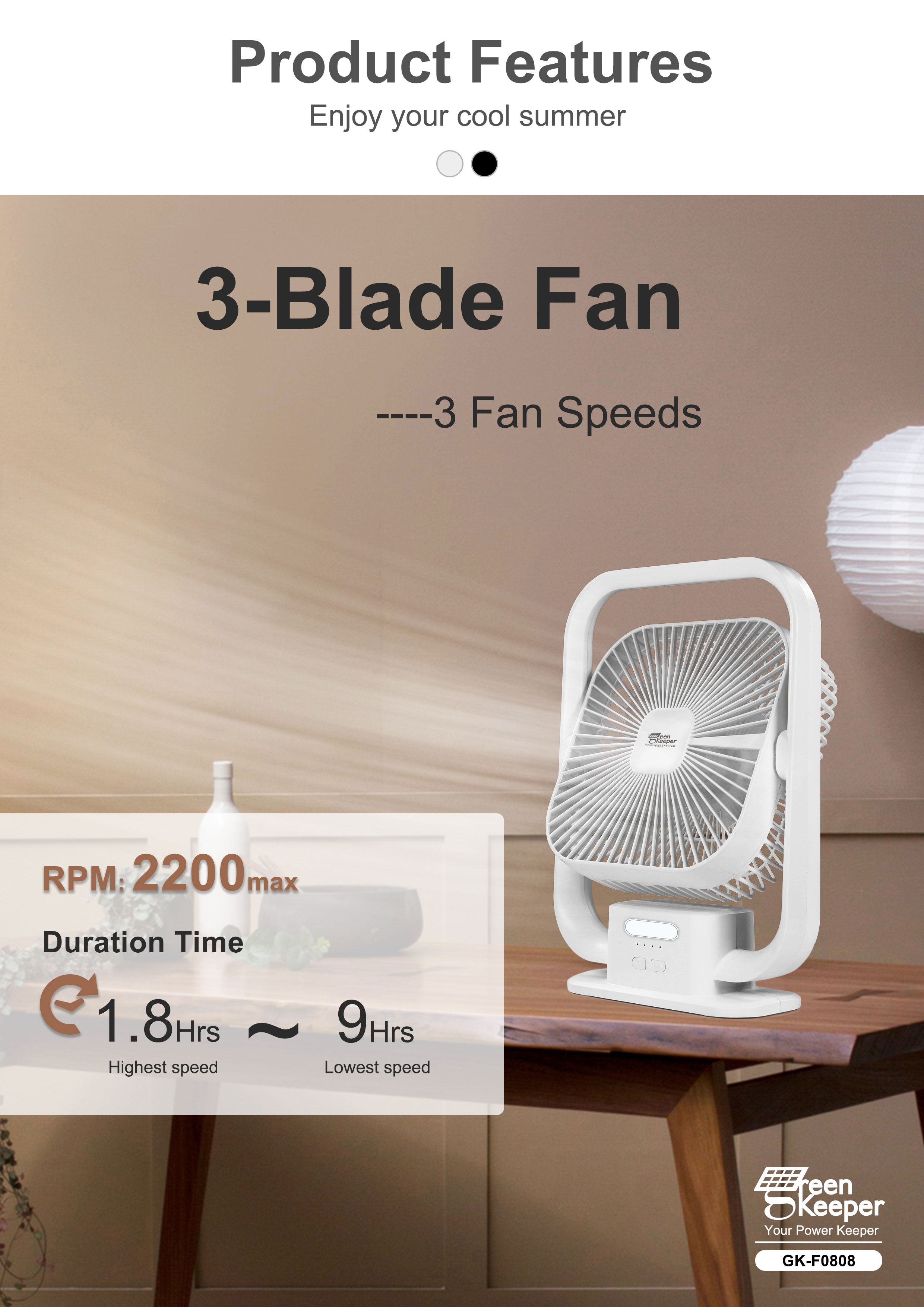 The solar cooling fan for indoor spaces is designed to be energy-efficient and sustainable.