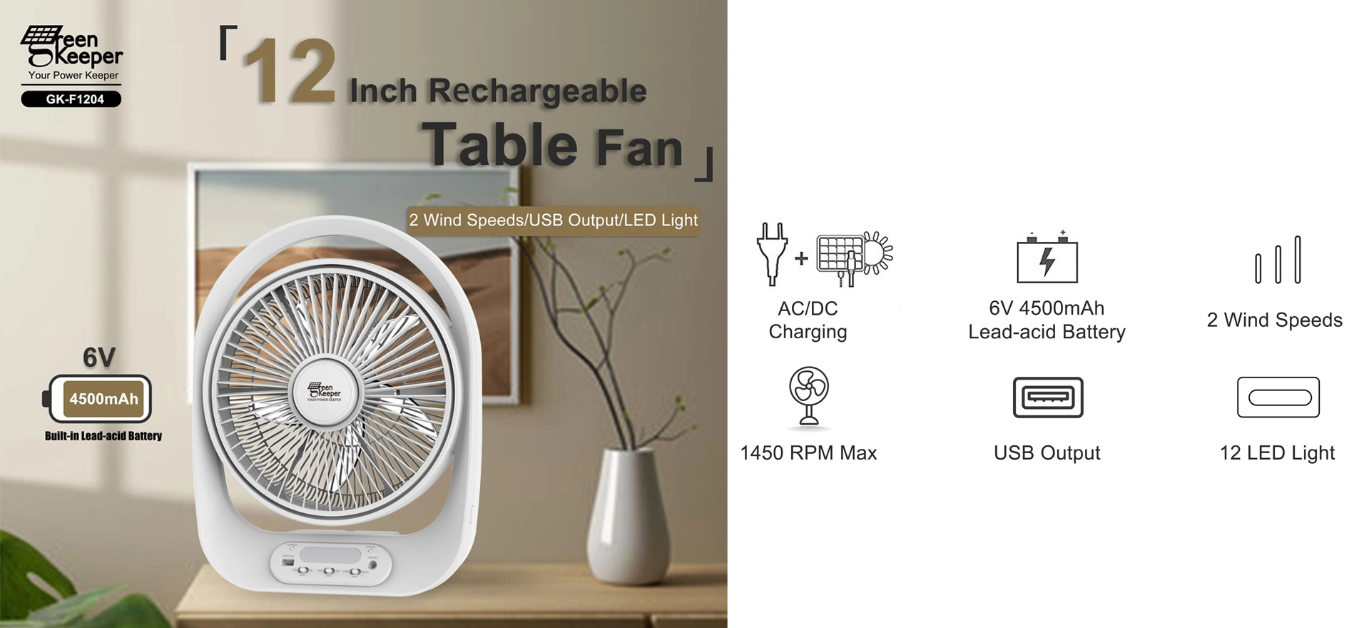 Whether you need a solar table fan for home use, a solar table fan with output USB, or a solar energy fan for outdoor activities, the GK-F1205 has got you covered.