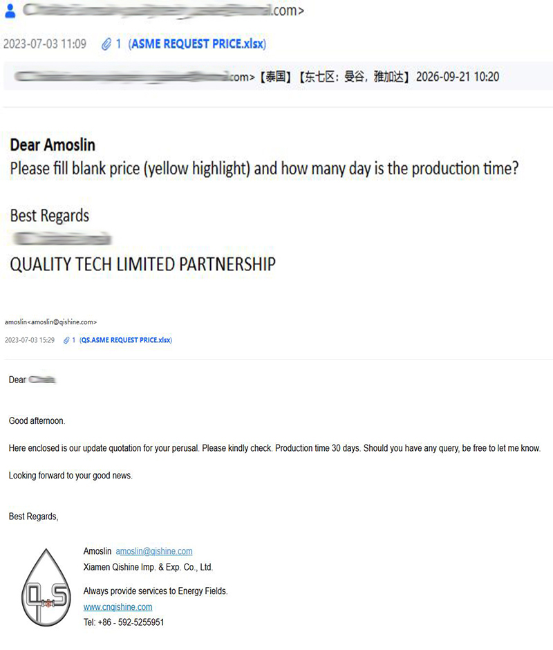 Thai wholesaler revised inquiry; we updated gasket quote and set 30-day production
