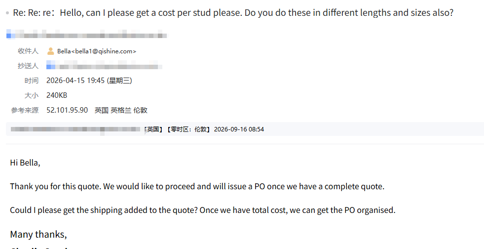 UK client accepted the quote but requested shipping costs be added to issue a PO