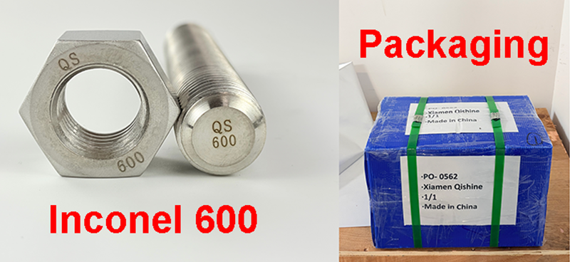 Photos of Inconel 600 studs and nuts, along with the packaging for shipment