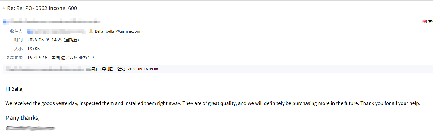 After receiving the Inconel 600 fasteners, the UK client reported great quality