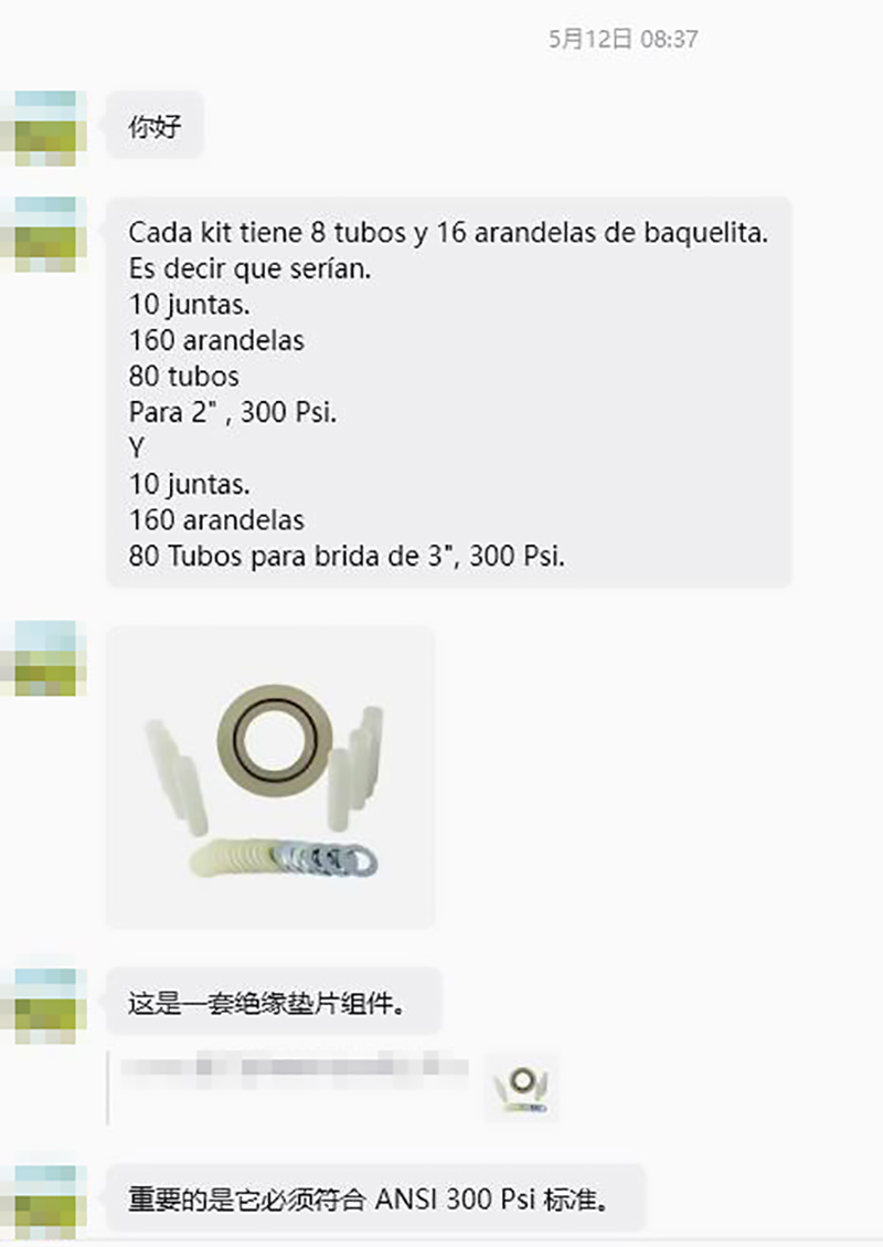 Chinese client sent specific gasket kit needs: G10+PTFE gasket, sleeves, washers, etc.