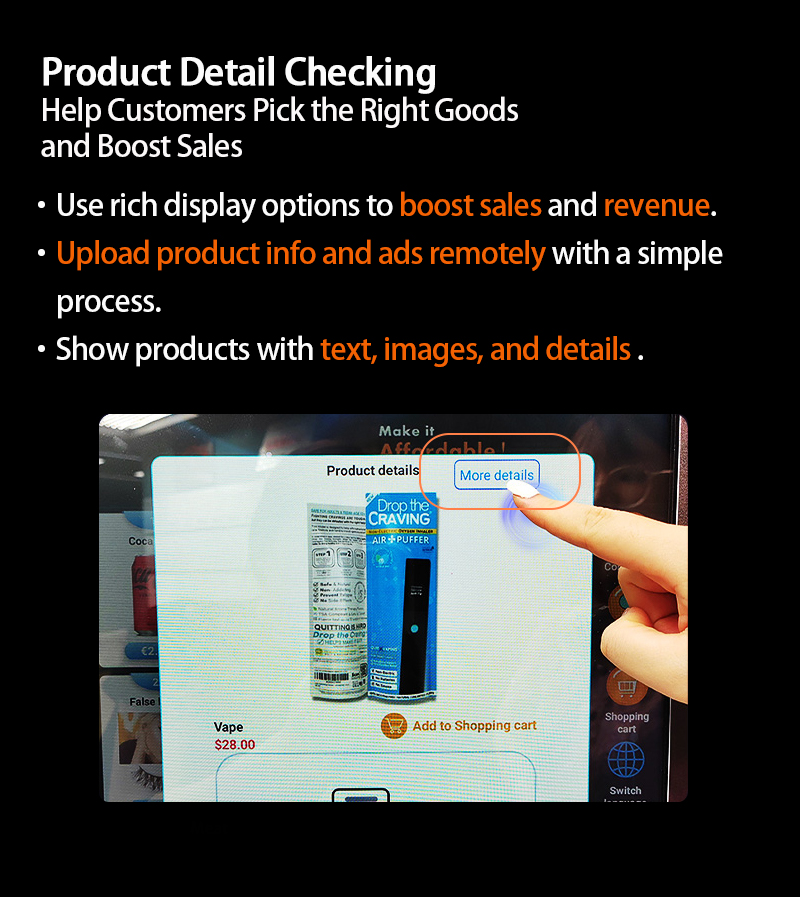 Weimi standing type vape vending machine with product detail checking. retailers can upload products' information in text, images with a simple process, this features can boost sales and revenue