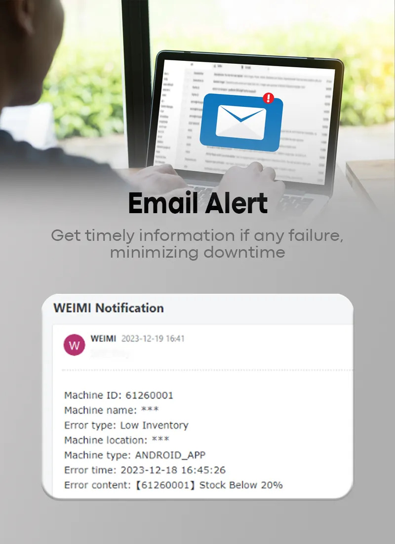 Weimi makeup vending machine with email alert to get timely information of any failure, minimizing downtime