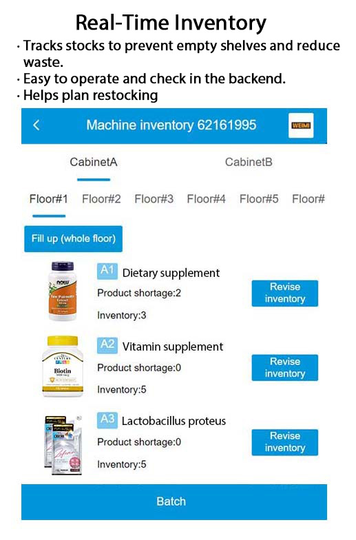 dietary supplement vending machine with touchscreen and smart software system for intelligently manage your products