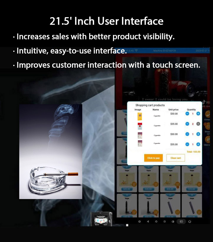 Weimi cigarette dispensers with 21.5 inch user interface ensures compliance with legal regulations, preventing underage sales. It enhances security by verifying the buyer's identity, promoting responsible usage. This feature also builds customer trust by demonstrating the machine's commitment to safety and legality. Additionally, it helps businesses avoid penalties, contributing to a positive reputation.