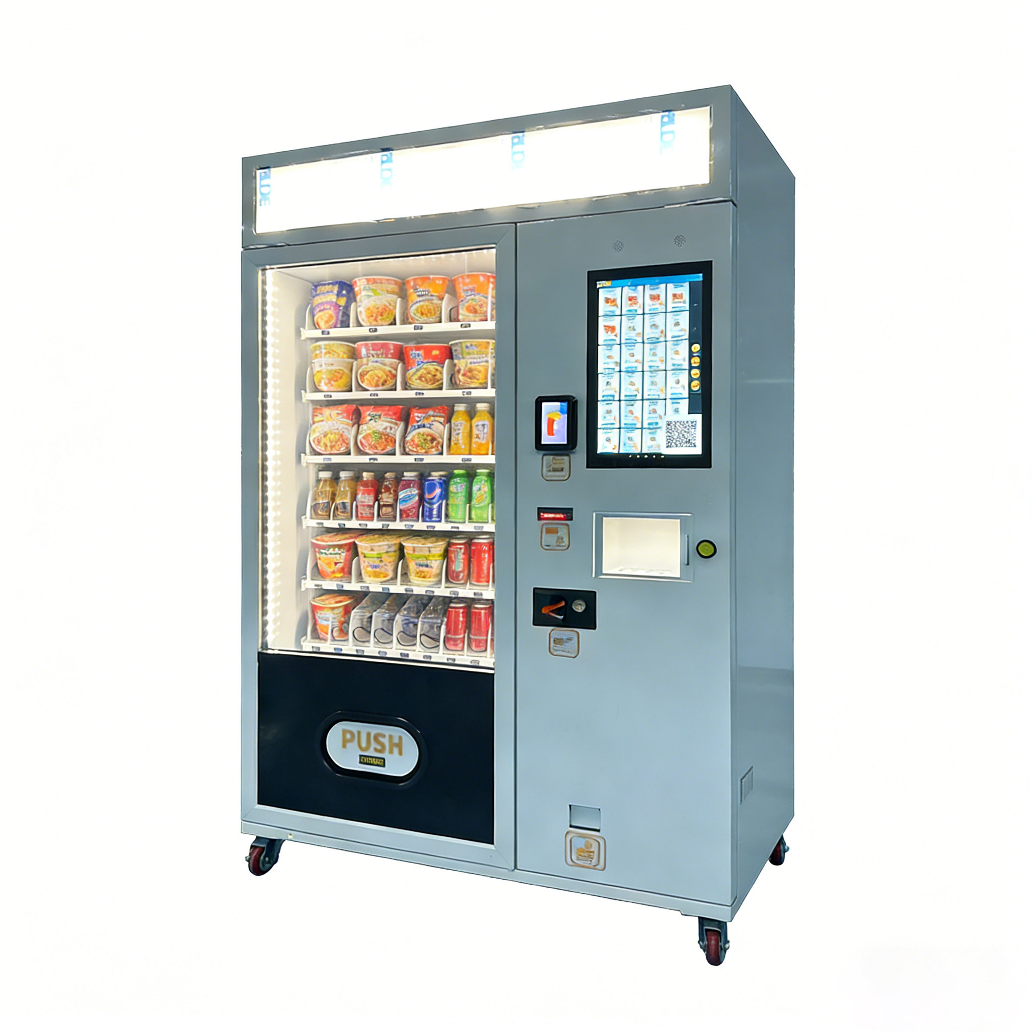 24/7 Illuminated Ramen Vending Machine with Hot Water Dispenser Outdoor Self-Service Noodle & Drink Vendor
