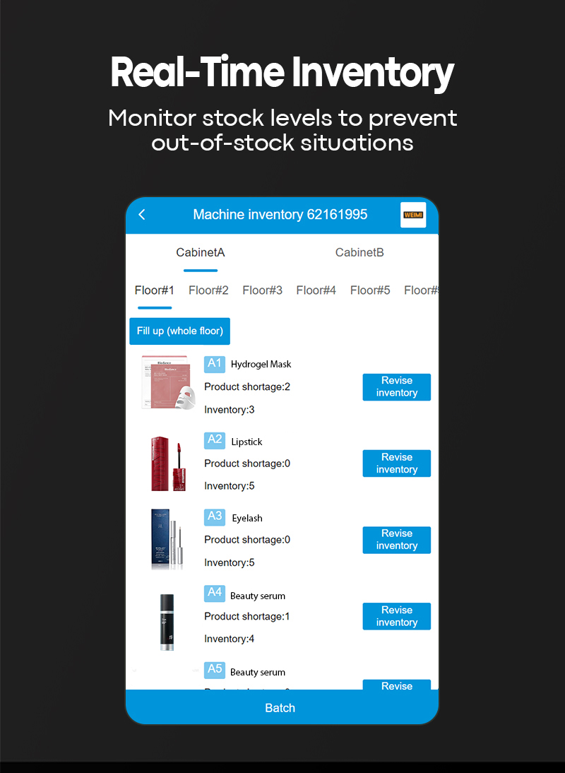 makeup vending machine with smart software system. support for real-time inventory. users can monitor stock levels to prevent out-of-stock situations