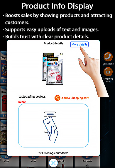 vending machine for nutritional supports checking products details. This function can boost sales by showing products and attracting customers, supports easy uploads of text and images, and builds trust with clear products details