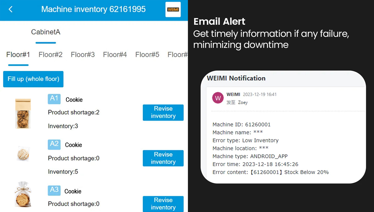 Weimi cookie vending machine with real-time inventory alerts. less manual checking, fewer wasted trips, smoother daily operation