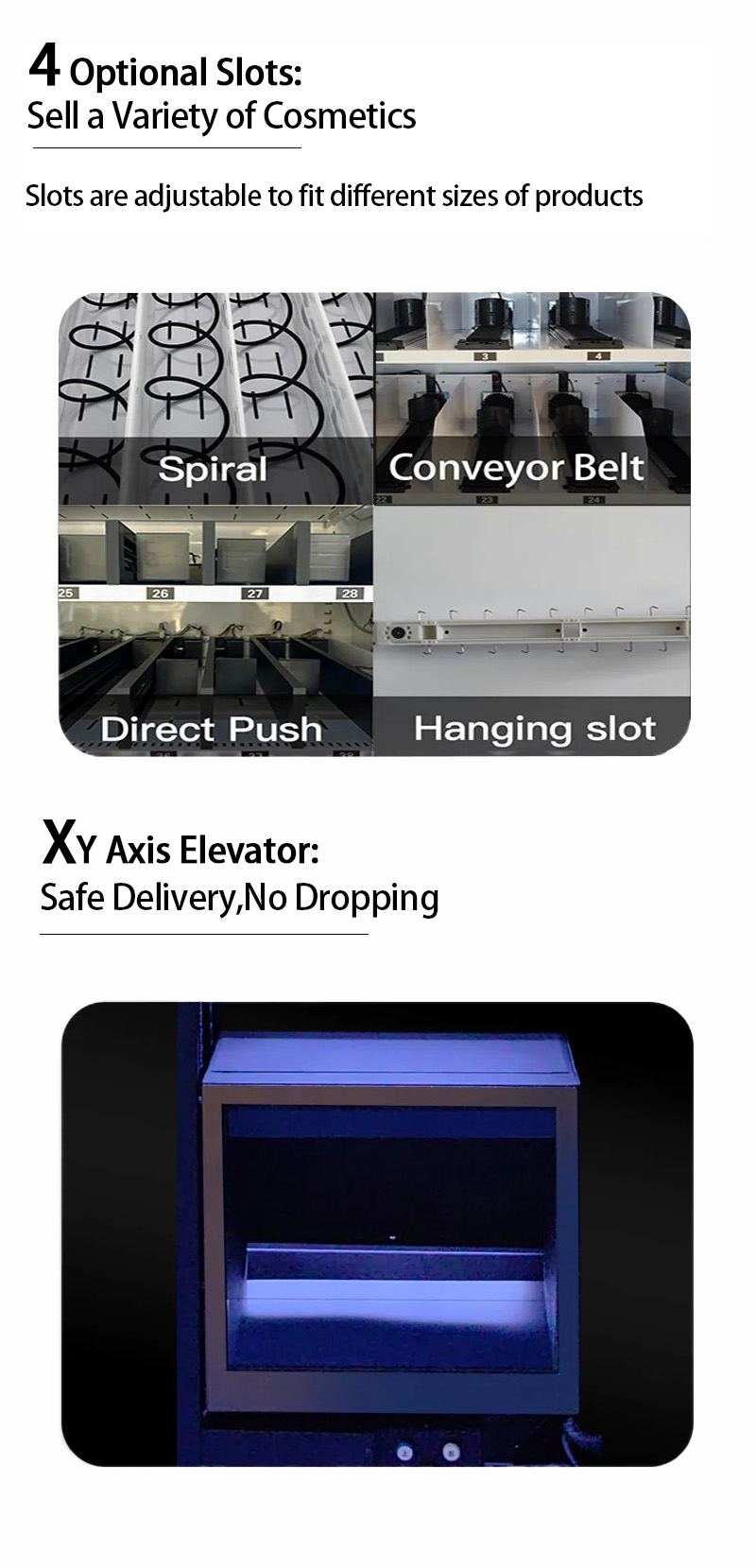 weimi beauty vending machine for cosmetics with 4 optional slots to sell a variety of cosmetics. our machines are also equipped with xy axis elevator for safer delivery