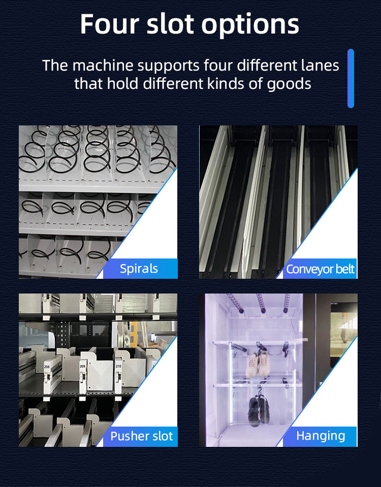 healthcare vending machine with 4 optional slots to hold different kinds of goods. the four slots are spirals, conveyor belt, pusher slot and hanging.