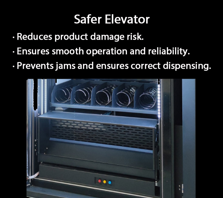 dietary supplement vending machine with safer elevator, prevention of damage. it Ensures safe, smooth delivery of products to customers, even in machines with multiple product tiers. It reduces the risk of jams, improves dispensing reliability, and accommodates larger or more diverse products, enhancing overall customer satisfaction and operational efficiency.
