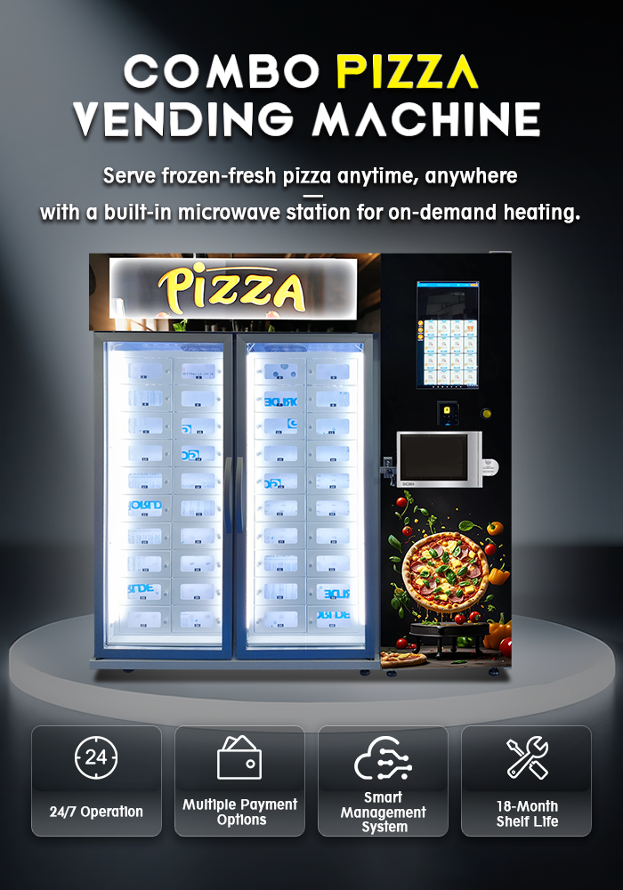 Combo pizza vending machine for sale. Serve frozen-fresh pizza anytime, anywhere, with a built-in microwave station for on-demand heating