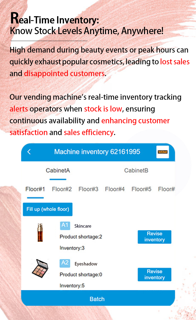 high demand during beauty events of peak hours can quickly exhaust popular cosmetics, leading to lost sales and disappointed customers. our weimi cosmetic vending machine with showing windows has real-time inventory tracking alerts operators when stock is low, ensuring continuous availability and enhancing customer satisfaction and sales efficiency