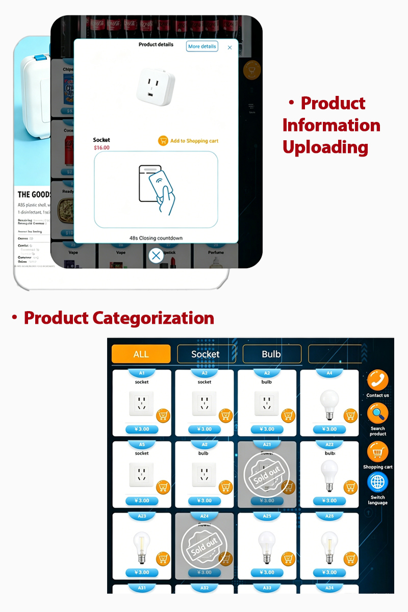 Weimi industrial vending machine for selling plug bulb. Products information uploading and categorization to ensures users select the correct product