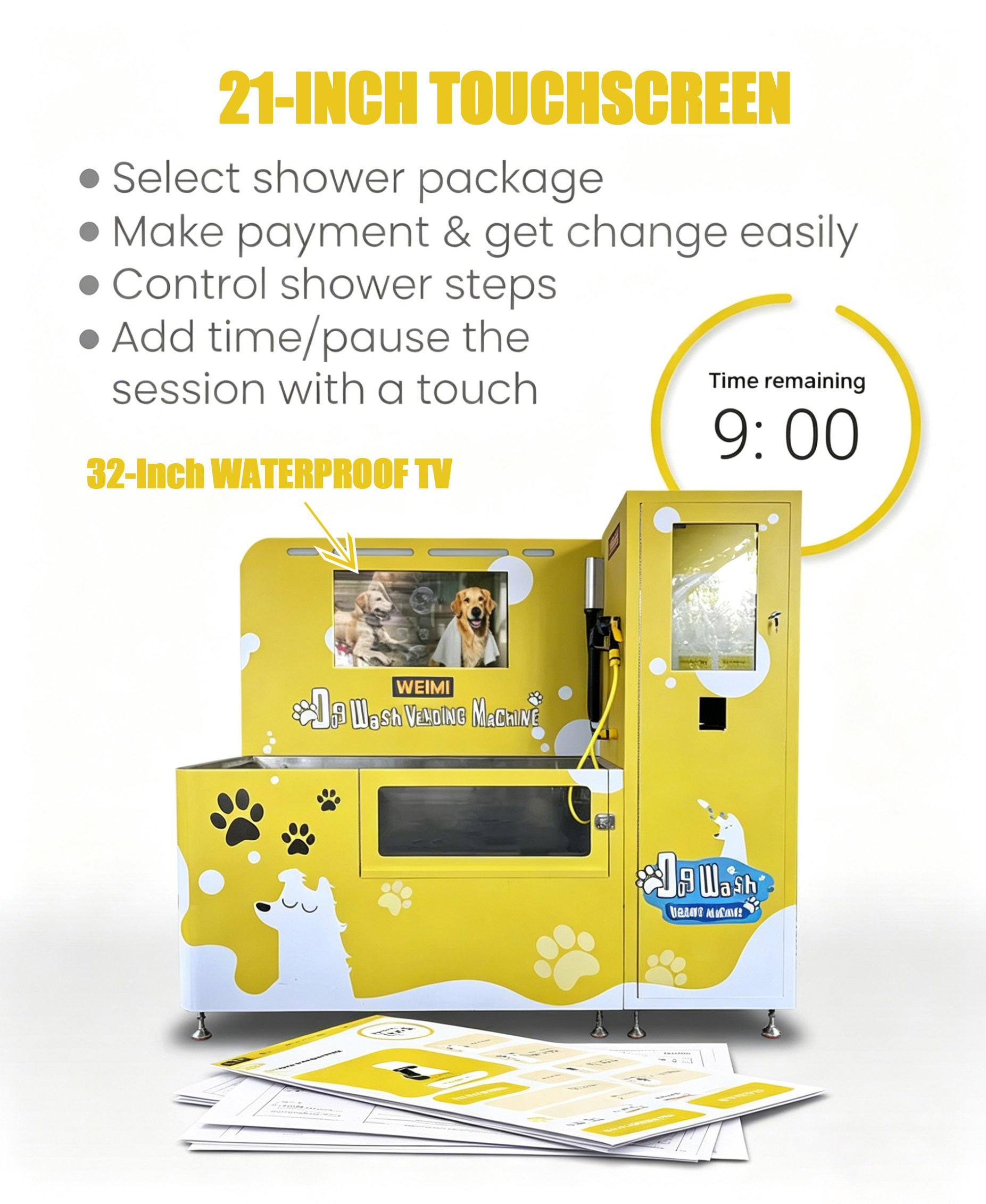 Weimi self serve dog wash machine with dual screen system.
