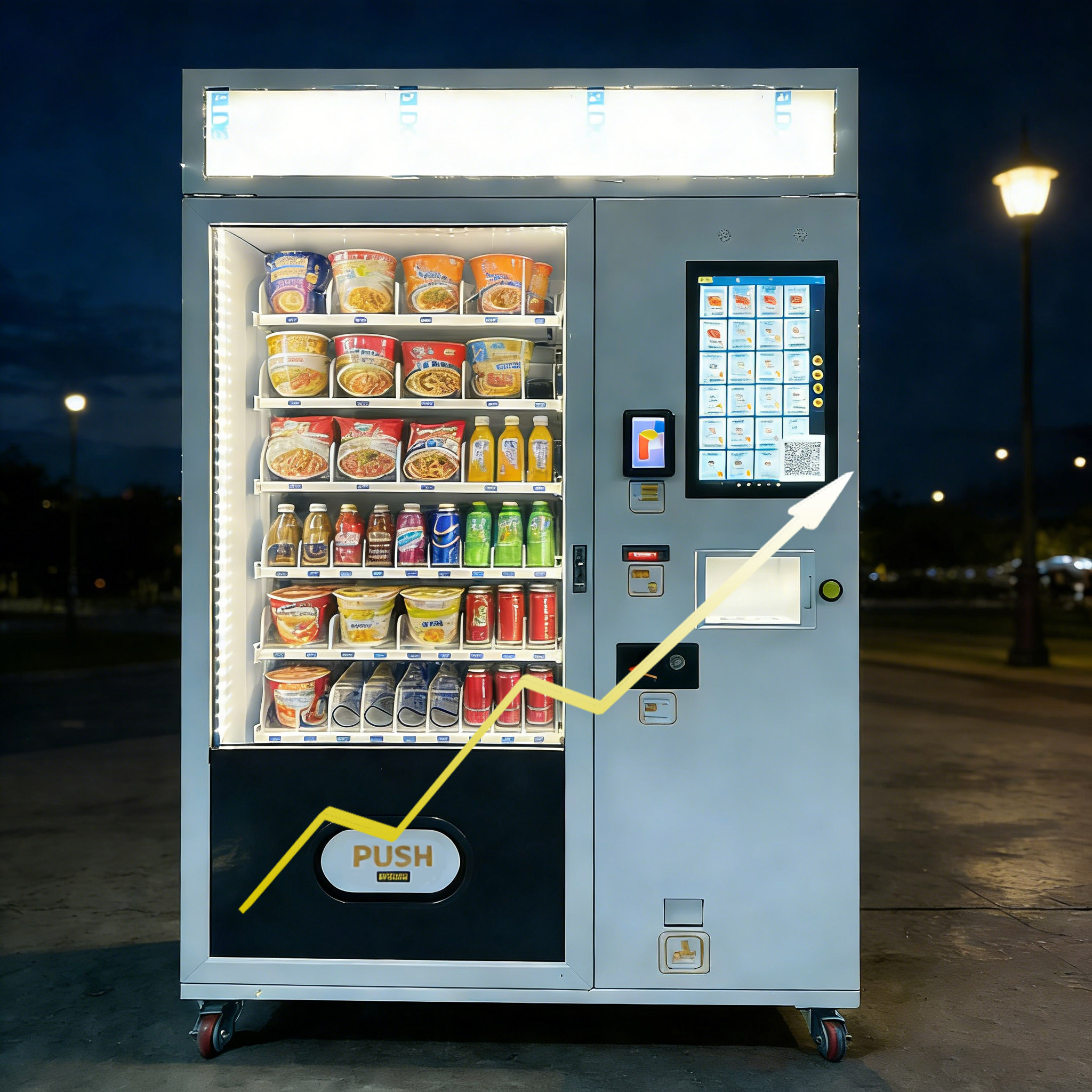 24/7 Illuminated Ramen Vending Machine with Hot Water Dispenser Outdoor Self-Service Noodle & Drink Vendor
