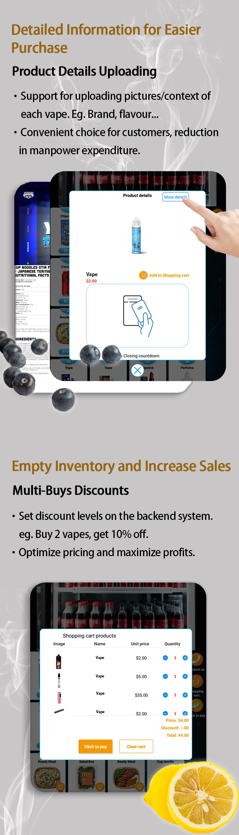 weimi smart vending machine for vape cigarette with 21.5'inch touchscreen for uploading pictures/ videos. Optimizing pricing ans maximizing profits via multi-buys discounts