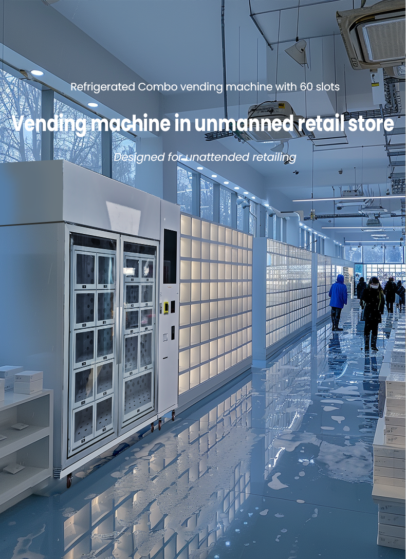 Micron locker vending machine for unmanned store with cooling system in Malaysia to sell snack drink vegetable fruit