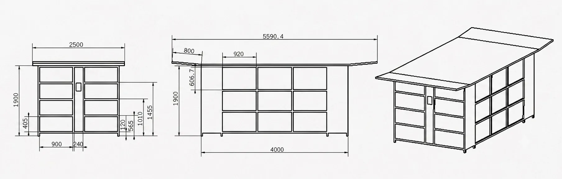 the technical drawing of surfboard rental vending machine