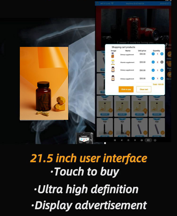 distributore automatico in negozio medico per la vendita di distributori automatici di integratori dietetici. Touchscreen da 22 pollici per visualizzare annunci