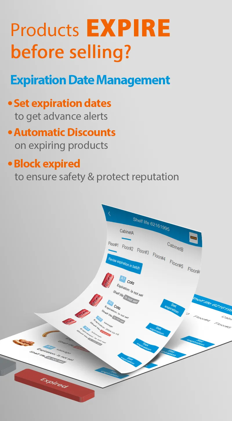 Worried about snack being expired? Our electronic vending machine supports setting expiration date management. Setting alerts for goods nearing expired date