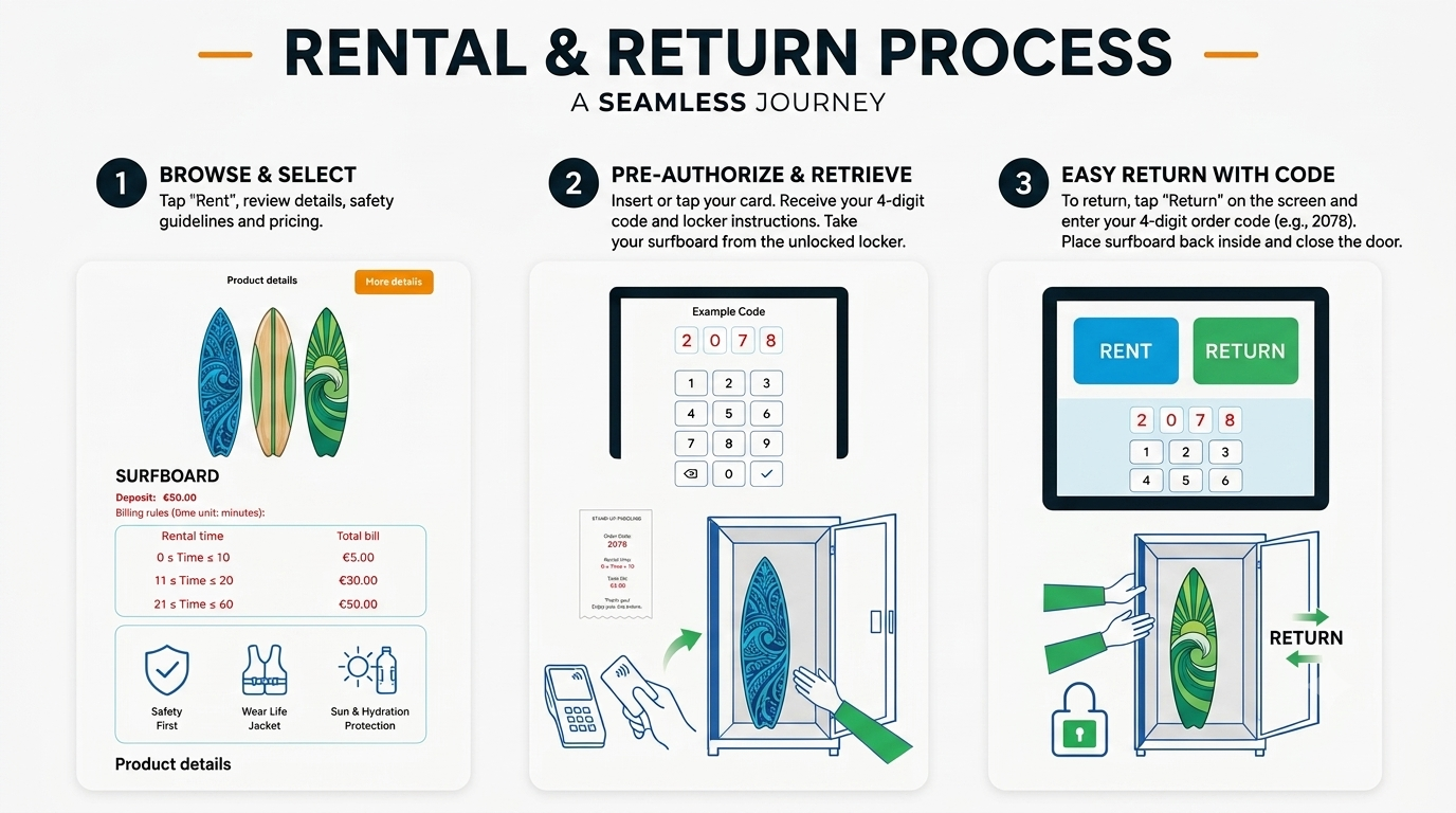 How Surfboard vending Machine Works: User Rental & Return Journey