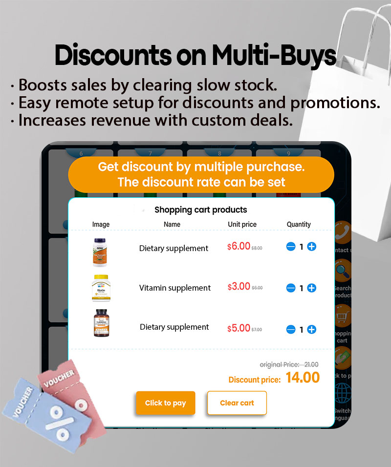 dietary supplement vending machine.The function of discounts on multi-buys encourages customers to buy more, helping clear slow-moving stock and increase sales. With easy operation and remote settings, operators can easily implement customized discount campaigns and promotions. Supports various marketing strategies, driving customer purchases and ultimately boosting revenue by offering tailored discounts and attractive deals.
