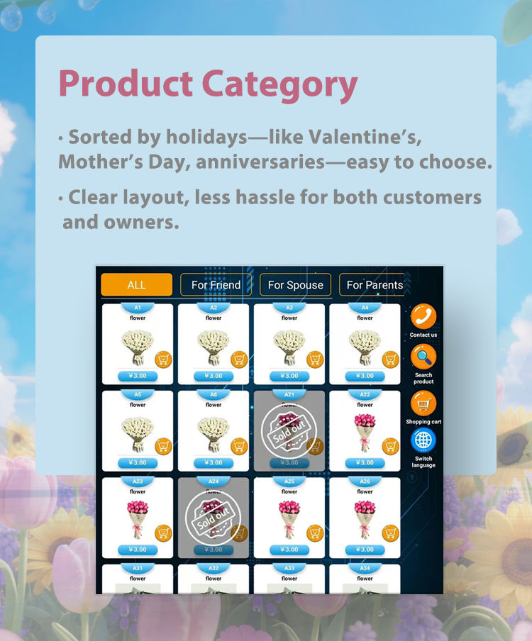 Our floral vending machine with the new function of product category. Retailers can set choosing flowers according to the specific holidays category