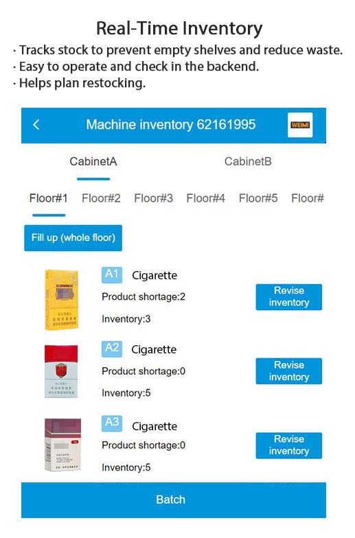 cigarette vending machine with smart software system for checking real-time inventory. users don' have to worry about low inventory situation, cause this function can track products' stock to prevent empty shelves and reduce waste, our machine is very easy to operate and check in the backend.