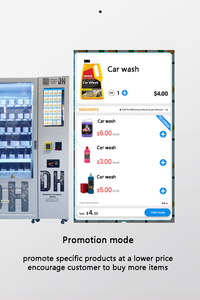 car wash products vending machine with promotion mode for encouraging customers to buy