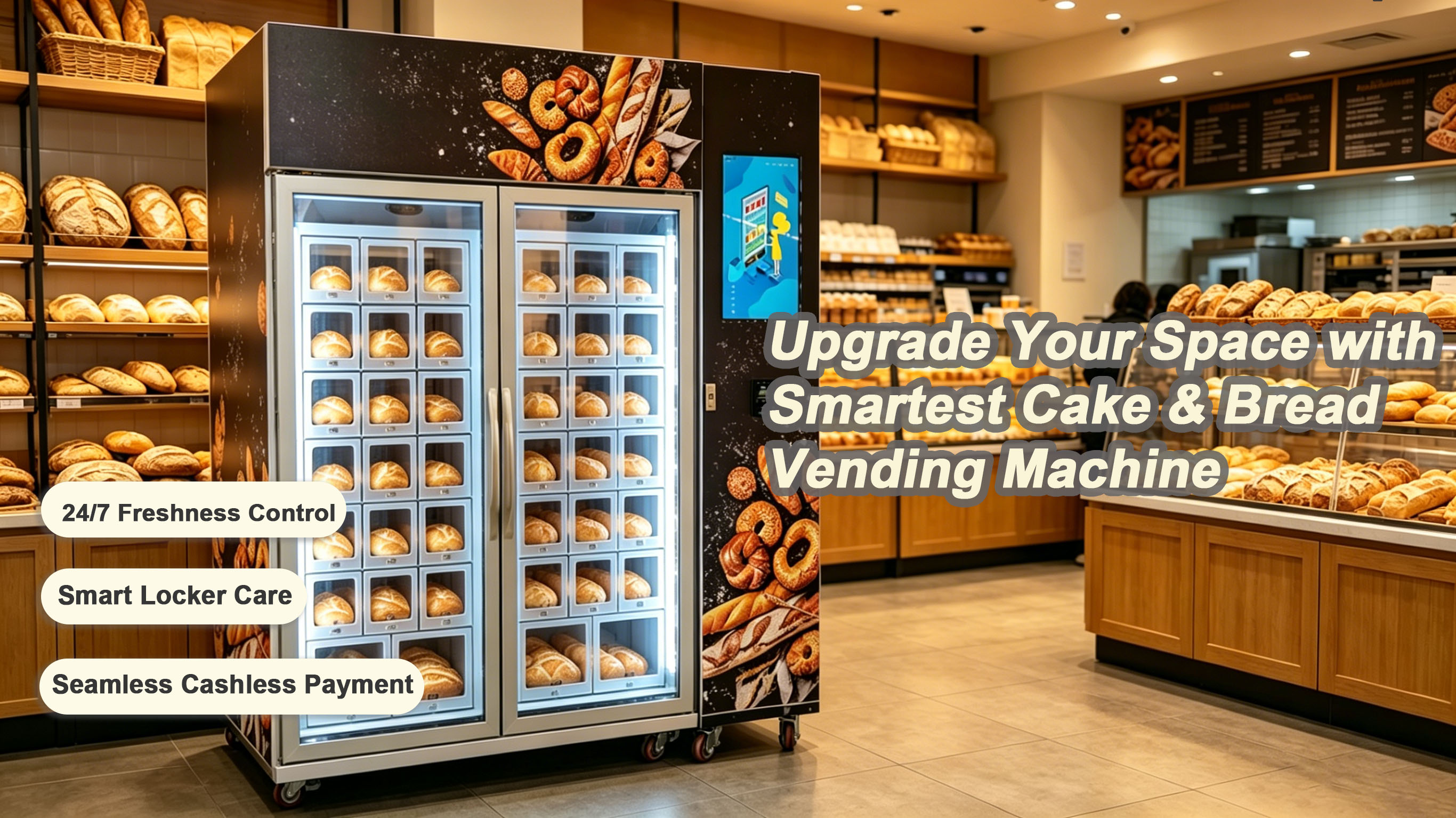 24/7 cooling locker vending machine for bakeries. Features no-drop locker care for cakes, smart expiration tracking, online pre-orders & pickup codes.