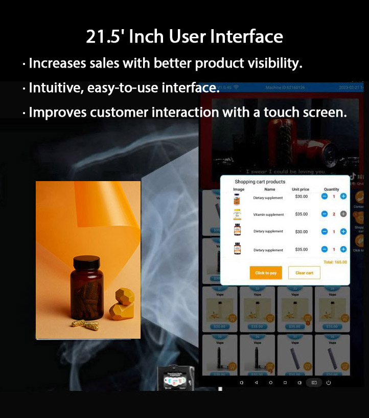 dietary vending machine with 21.5 inch touch screen: touch to buy, ultra high definition. Display ads.