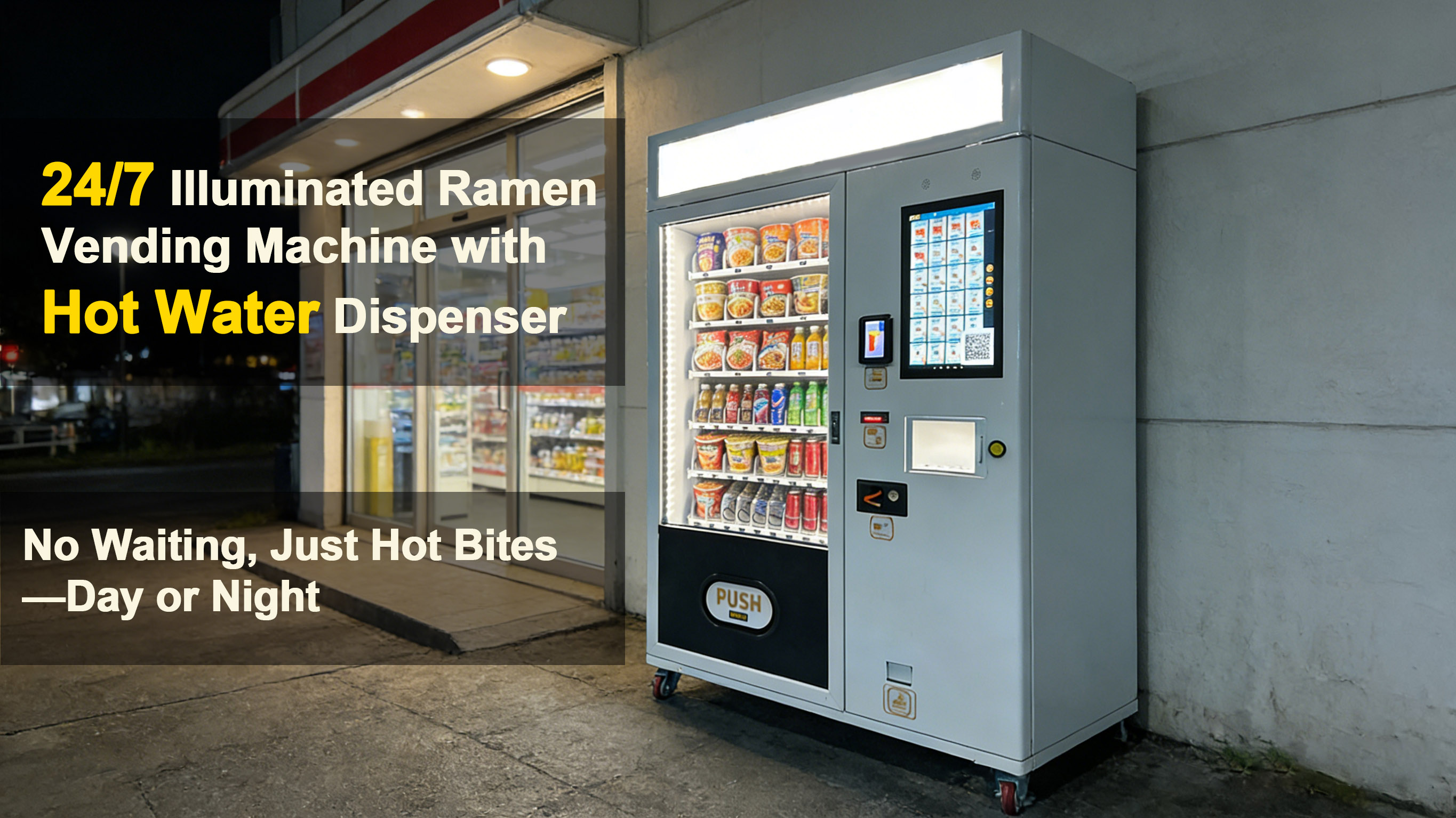 24/7 Illuminated Ramen Vending Machine with Hot Water Dispenser Outdoor Self-Service Noodle & Drink Vendor