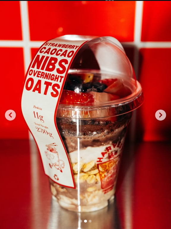 strawberry cocoa crumble overnight oats cups was sold in a vending machine